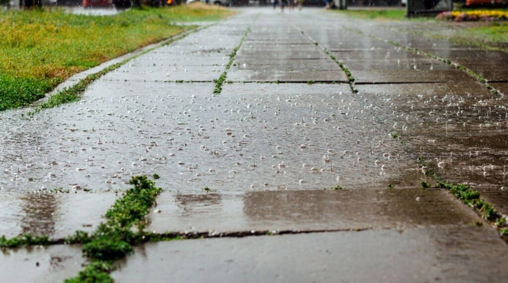 Rain drops fall on pavement